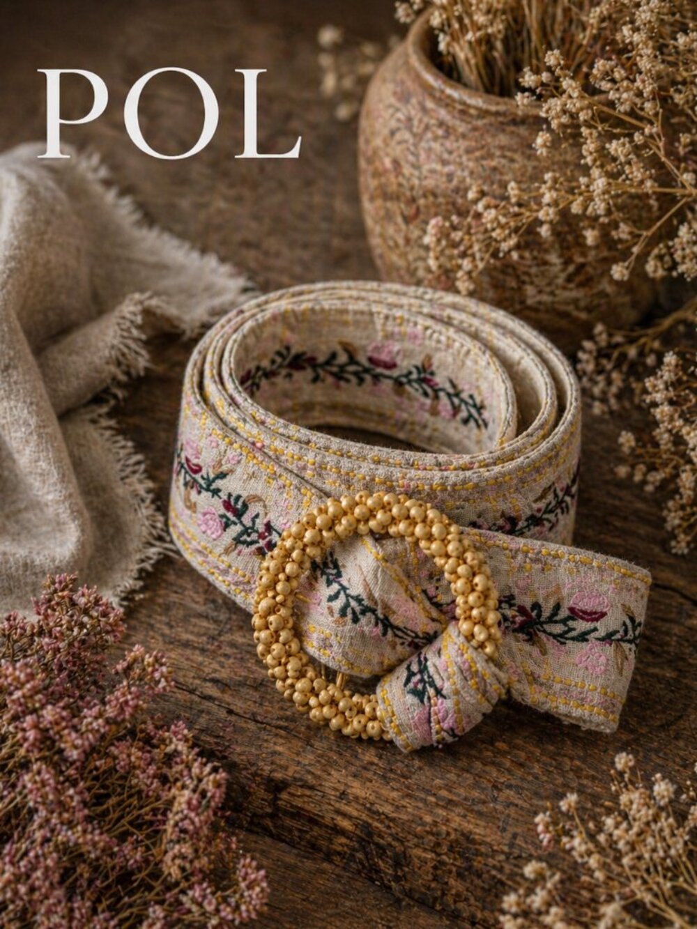 POL Boho Embroiled Woven Soft Pastels Fabric Beaded Wood Chunky Buckle Belt